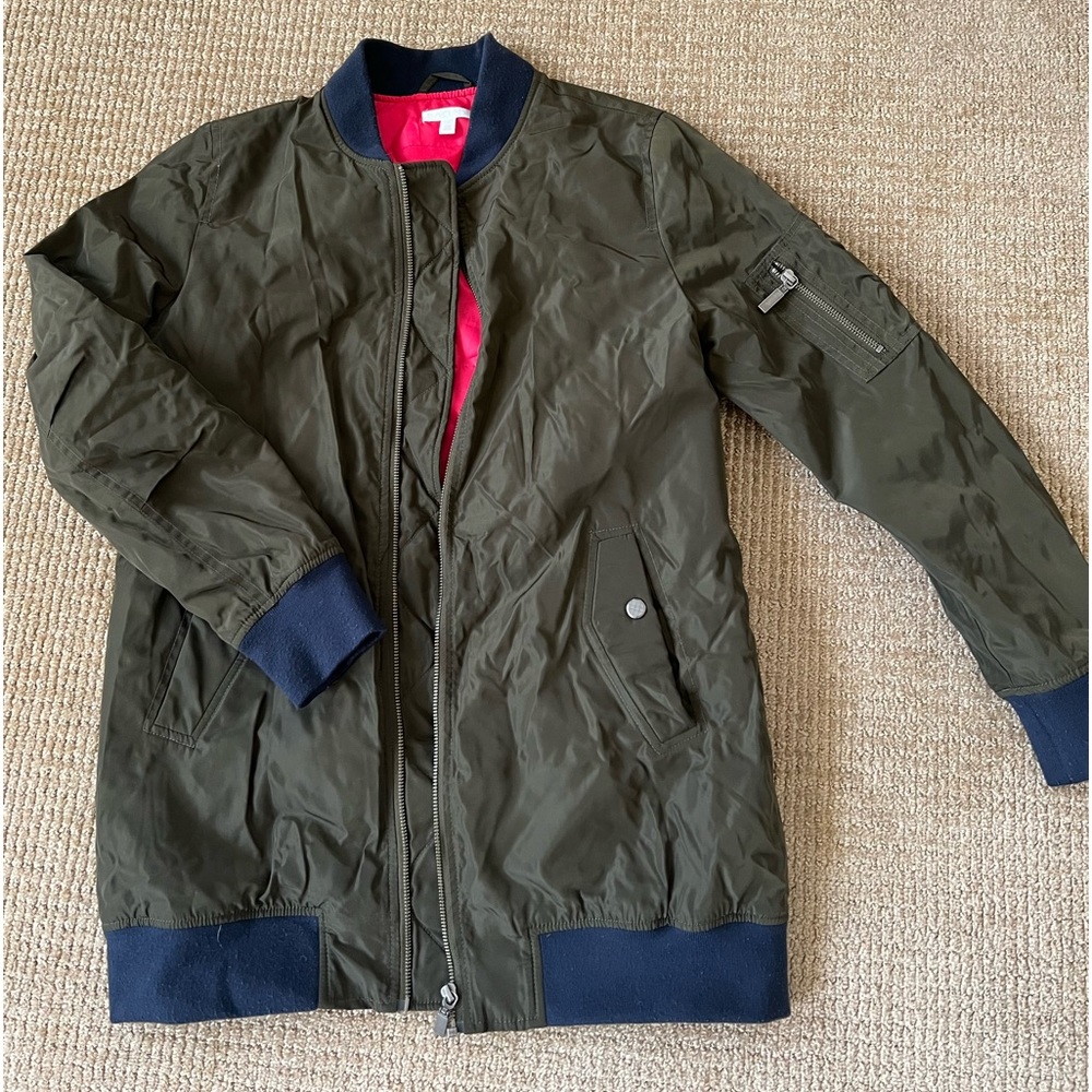 Long olive green bomber size small